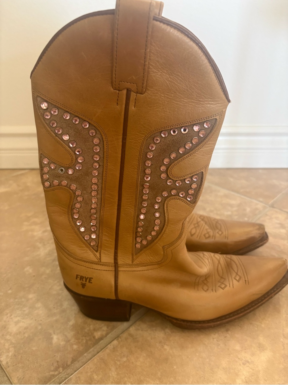 Frye Tan Leather Western Boots with Pink Stud Detailing Size 8